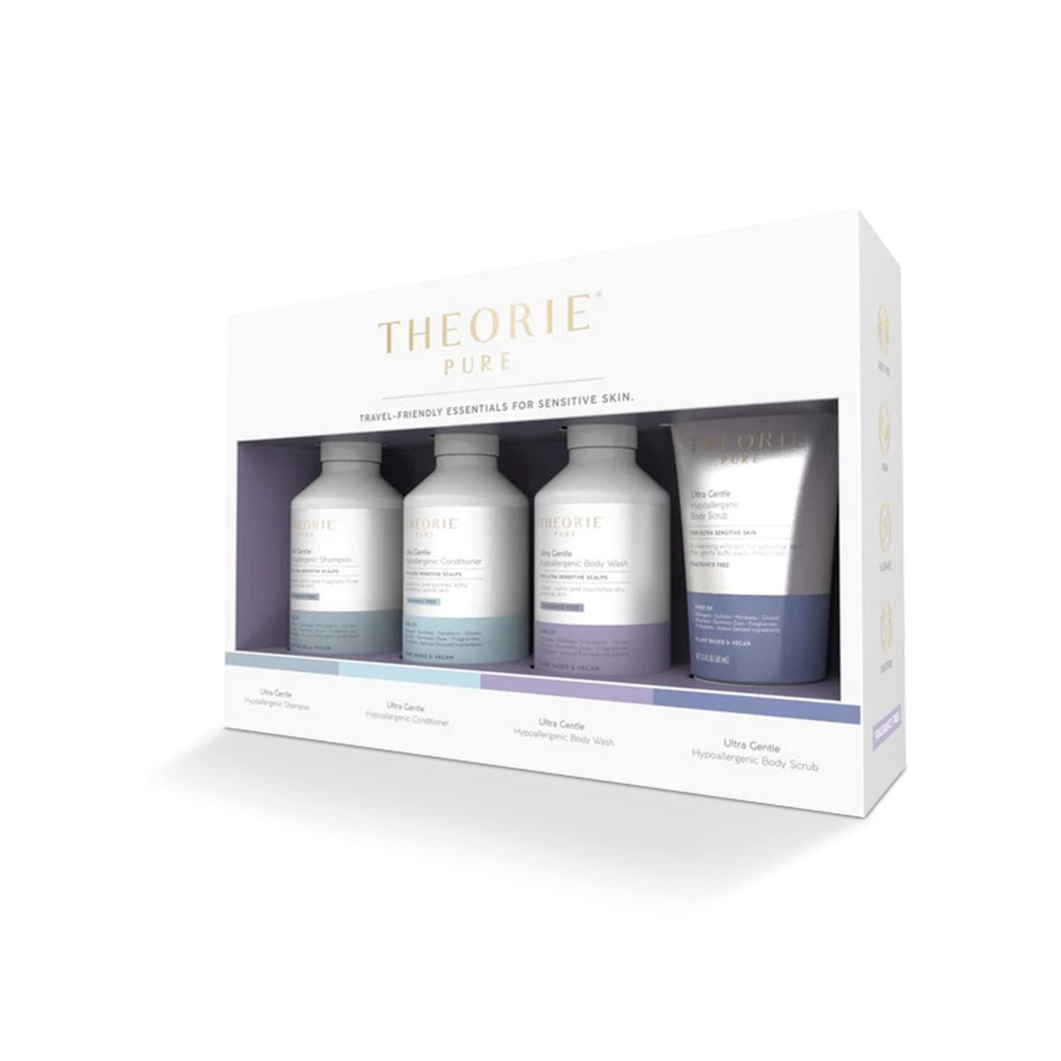 THEORIE PURE Travel Size Toiletries Set - Hypoallergenic Shampoo Conditioner Body Wash & Face Scrub - Fragrance-Free No Sulfates or Parabens - Clean Beauty Essentials for Hair & Skin
